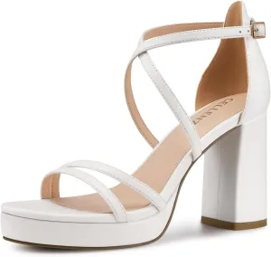 Women Strappy Platform Heels: 3.4 Inch Chunky Heeled Sandals, Comfortable Sexy Block High Heels, for Prom Party Bridal Wedding Black White Silver Nude Dressy Shoes
