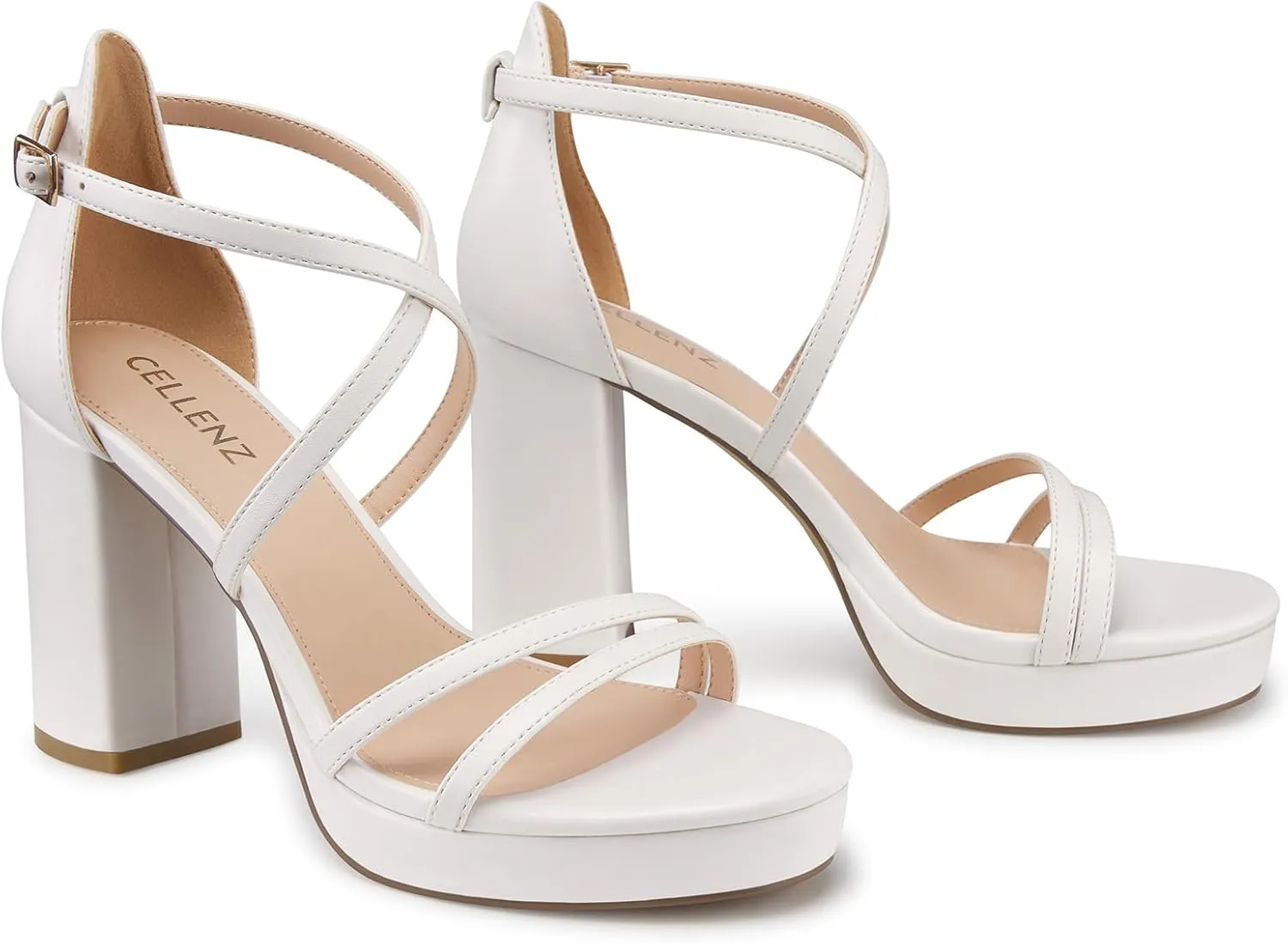 Women Strappy Platform Heels: 3.4 Inch Chunky Heeled Sandals, Comfortable Sexy Block High Heels, for Prom Party Bridal Wedding Black White Silver Nude Dressy Shoes