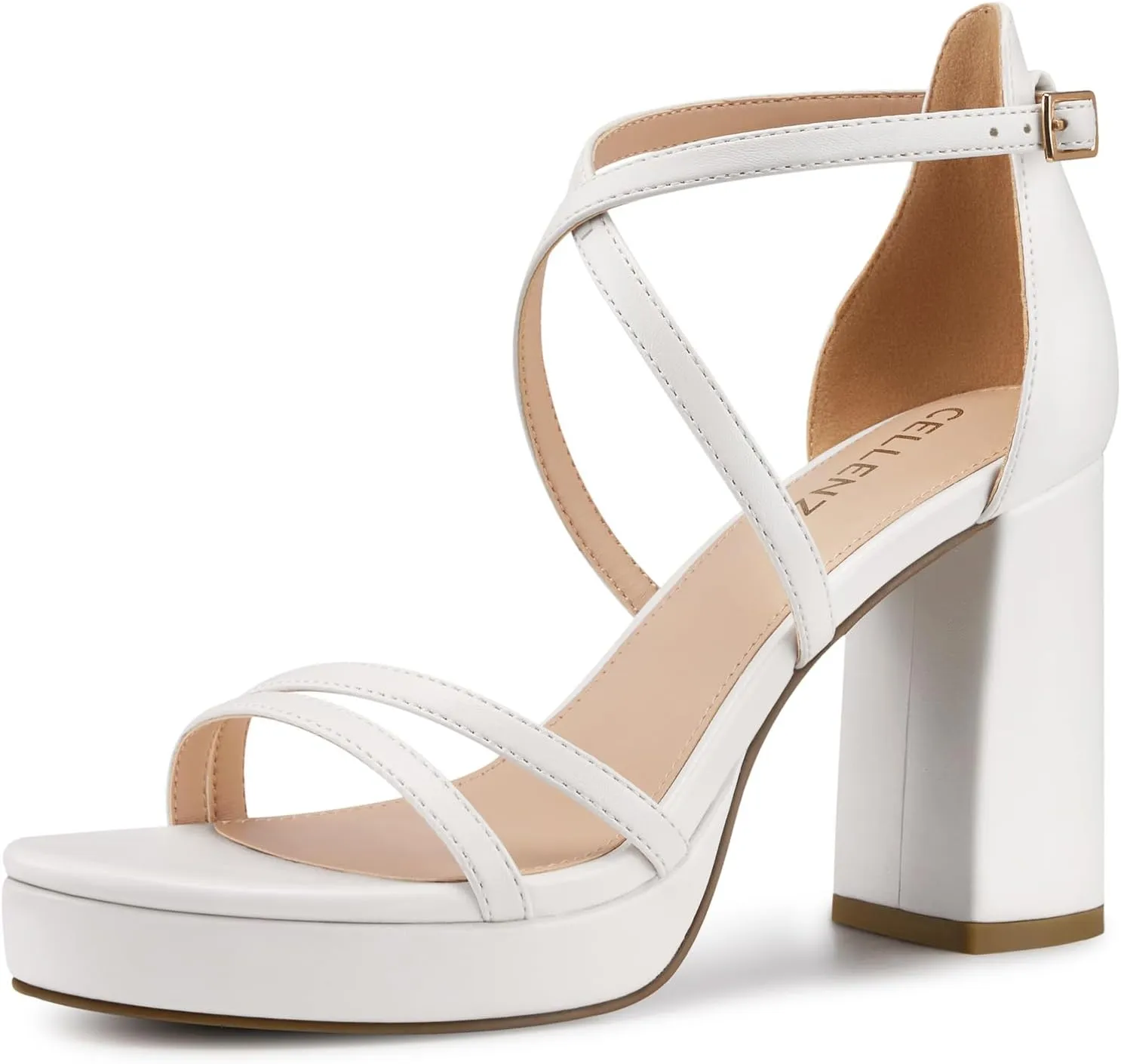Women Strappy Platform Heels: 3.4 Inch Chunky Heeled Sandals, Comfortable Sexy Block High Heels, for Prom Party Bridal Wedding Black White Silver Nude Dressy Shoes