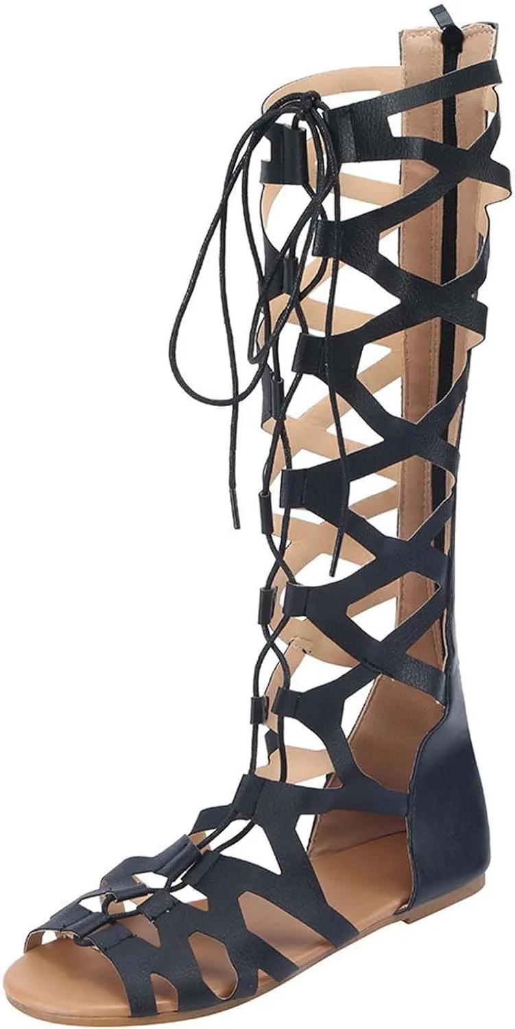 Women Summer Beach Knee High Gladiator Sandals Criss Cross Strappy Lace Up Open Toe Bohemia Flat Sandal