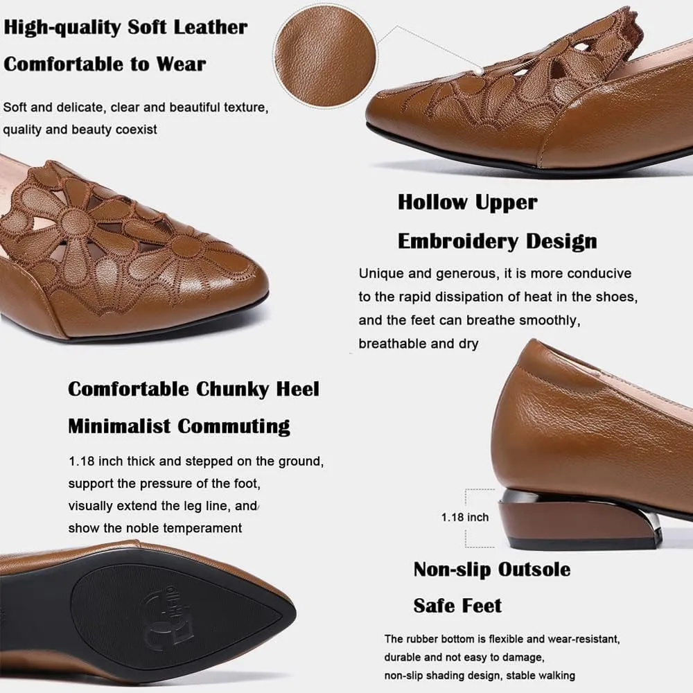 Women Thick Heel Soft-Soled Causal Cutout Embroidered Leather Shoes Comfortable Pointed Toe Low Chunky Heel Pumps Slip On Loafers Leather Shoes