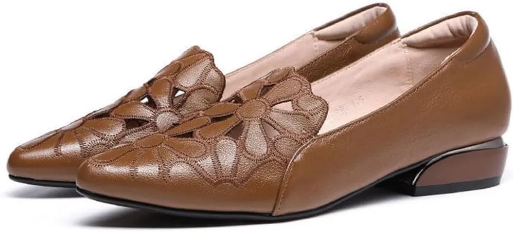 Women Thick Heel Soft-Soled Causal Cutout Embroidered Leather Shoes Comfortable Pointed Toe Low Chunky Heel Pumps Slip On Loafers Leather Shoes