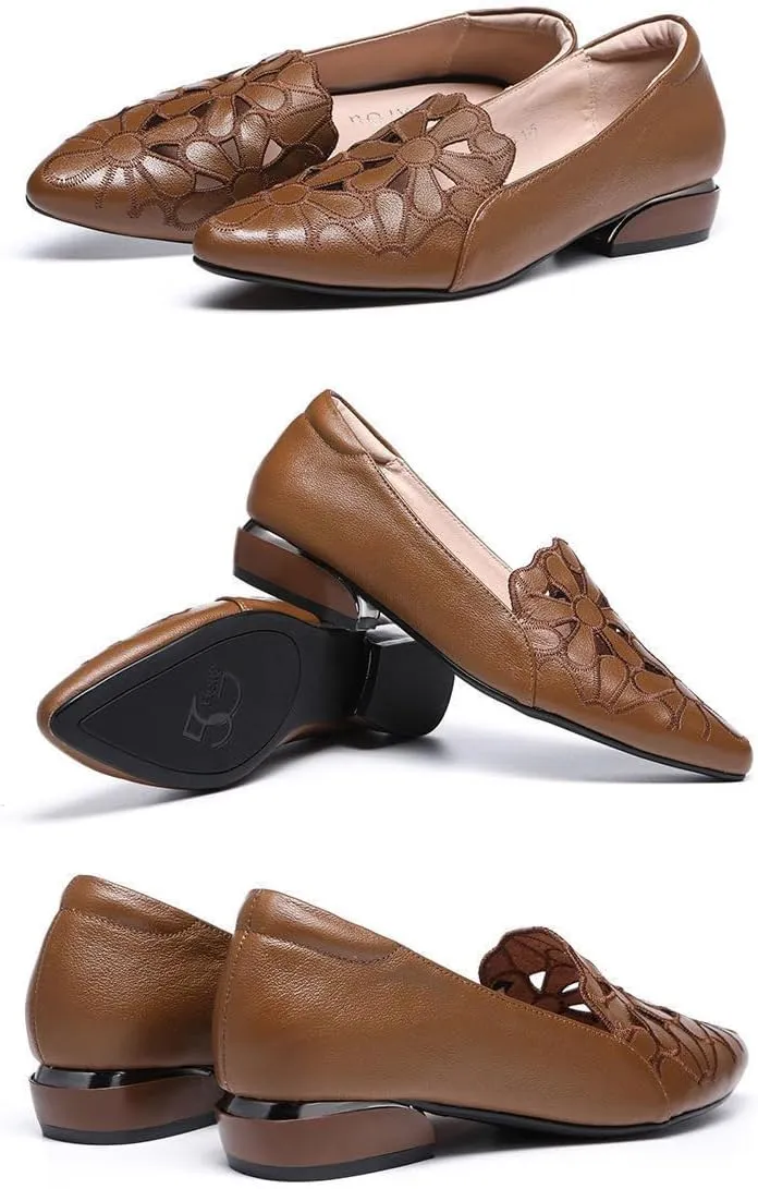 Women Thick Heel Soft-Soled Causal Cutout Embroidered Leather Shoes Comfortable Pointed Toe Low Chunky Heel Pumps Slip On Loafers Leather Shoes