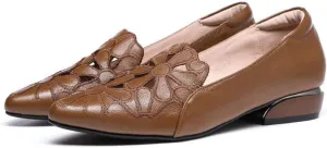 Women Thick Heel Soft-Soled Causal Cutout Embroidered Leather Shoes Comfortable Pointed Toe Low Chunky Heel Pumps Slip On Loafers Leather Shoes
