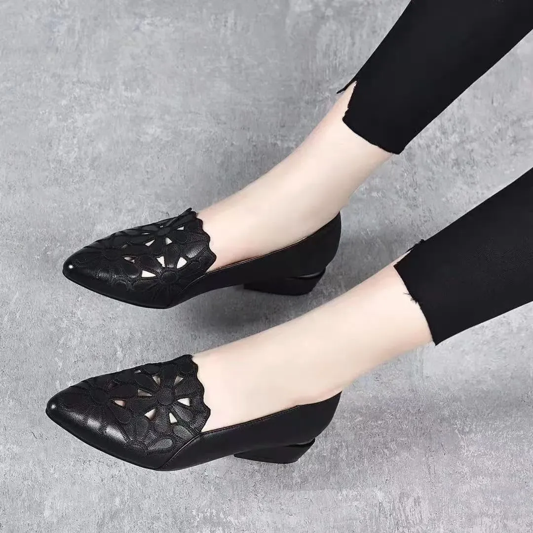Women Thick Heel Soft-Soled Causal Cutout Embroidered Leather Shoes Comfortable Pointed Toe Low Chunky Heel Pumps Slip On Loafers Leather Shoes