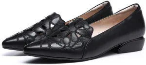 Women Thick Heel Soft-Soled Causal Cutout Embroidered Leather Shoes Comfortable Pointed Toe Low Chunky Heel Pumps Slip On Loafers Leather Shoes