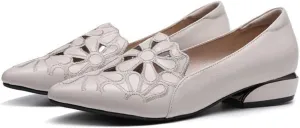 Women Thick Heel Soft-Soled Causal Cutout Embroidered Leather Shoes Comfortable Pointed Toe Low Chunky Heel Pumps Slip On Loafers Leather Shoes