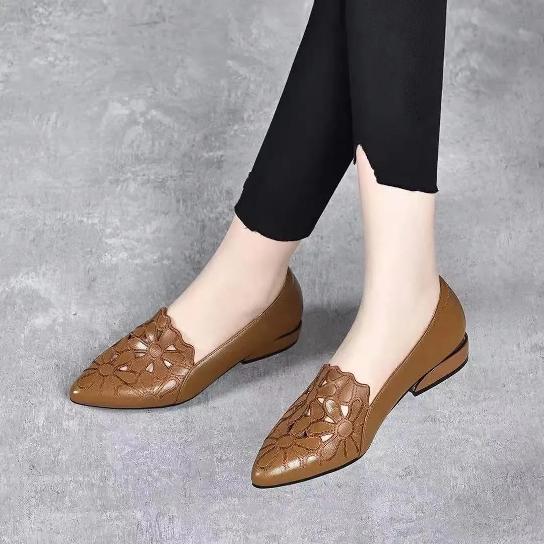 Women Thick Heel Soft-Soled Causal Cutout Embroidered Leather Shoes Comfortable Pointed Toe Low Chunky Heel Pumps Slip On Loafers Leather Shoes