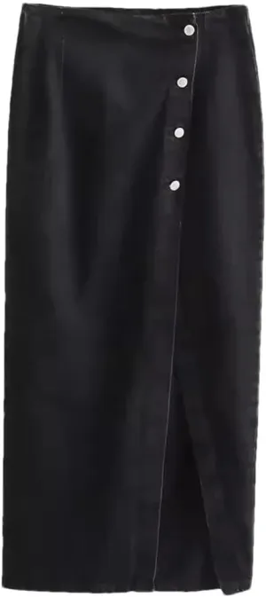 Women with Button Denim Solid Front Slit Midi Skirt Vintage Mid Waist A-Line Skirts