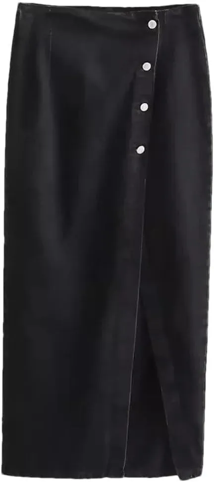 Women with Button Denim Solid Front Slit Midi Skirt Vintage Mid Waist A-Line Skirts