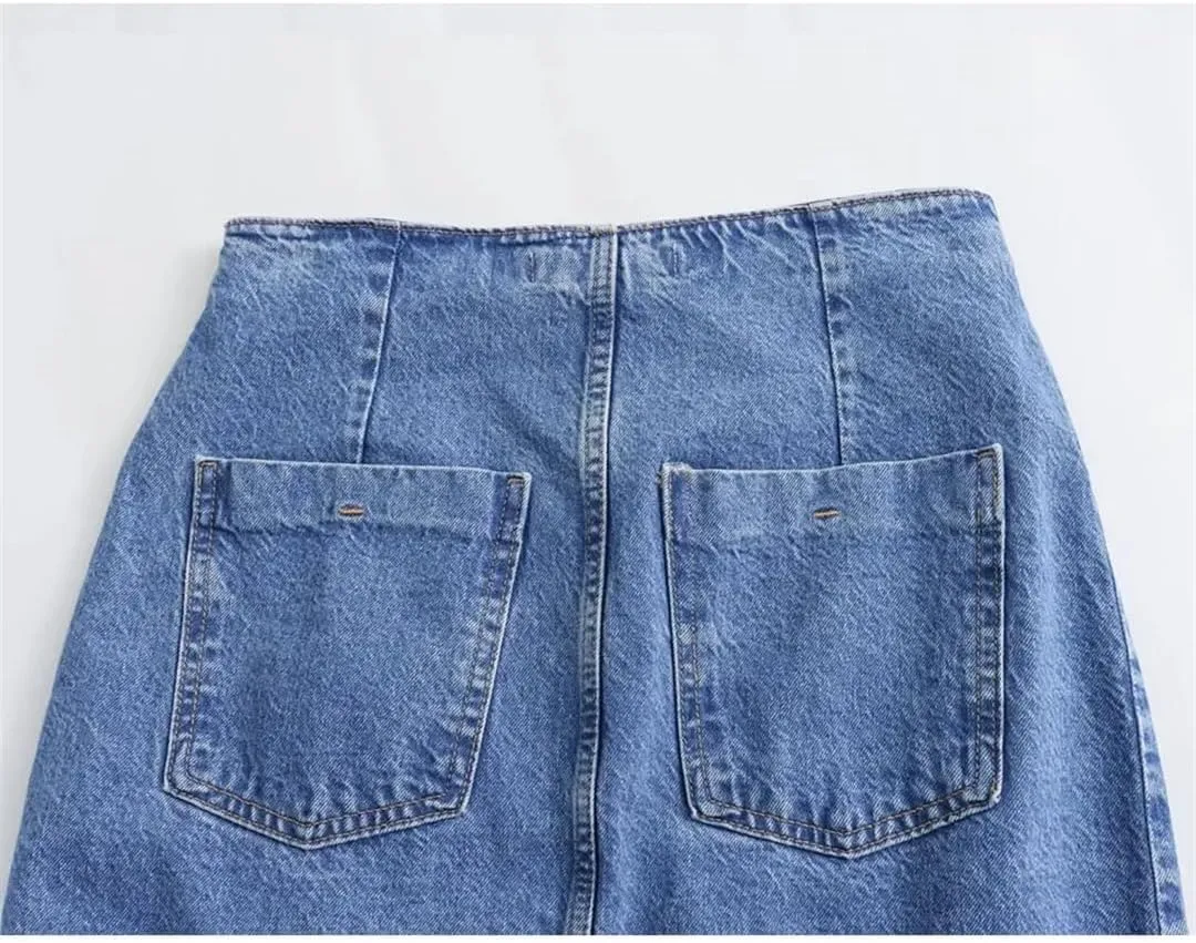 Women with Button Denim Solid Front Slit Midi Skirt Vintage Mid Waist A-Line Skirts