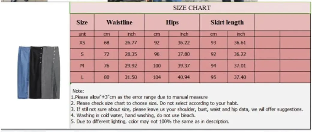 Women with Button Denim Solid Front Slit Midi Skirt Vintage Mid Waist A-Line Skirts