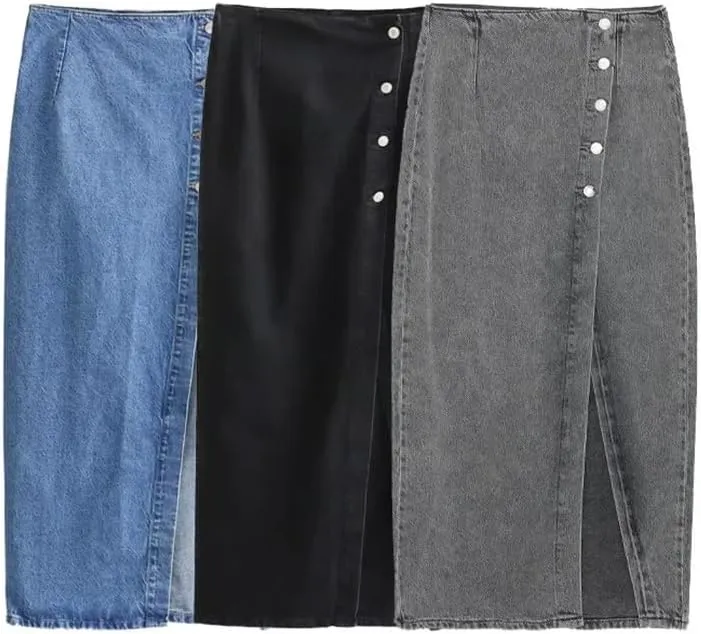 Women with Button Denim Solid Front Slit Midi Skirt Vintage Mid Waist A-Line Skirts