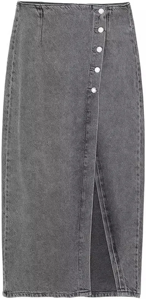 Women with Button Denim Solid Front Slit Midi Skirt Vintage Mid Waist A-Line Skirts