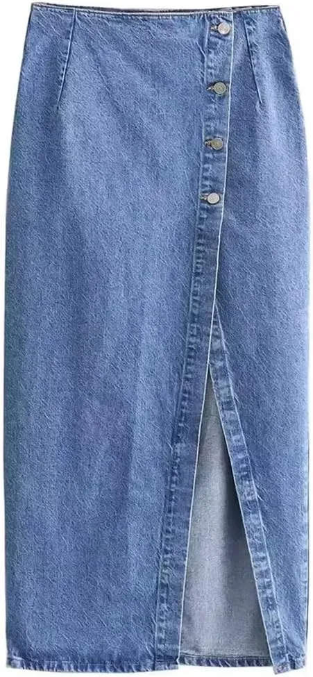 Women with Button Denim Solid Front Slit Midi Skirt Vintage Mid Waist A-Line Skirts