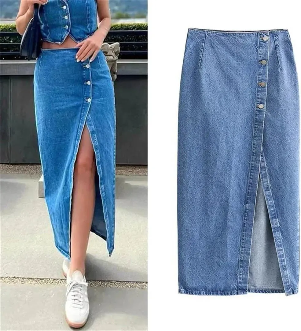 Women with Button Denim Solid Front Slit Midi Skirt Vintage Mid Waist A-Line Skirts