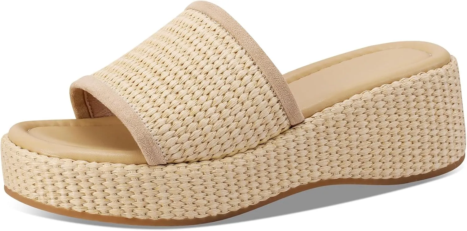 Women Woven Platform Wedge Sandals Slip on Espadrille Slides Bohemia Sandals Open Toe Beach Shoes
