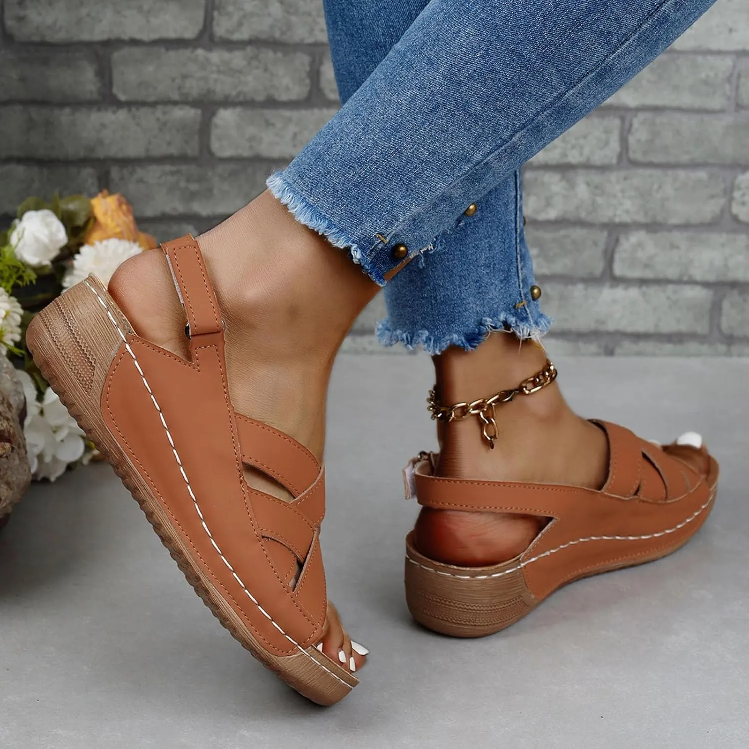 Womens Ankle Strap Sandals Walking Hiking Summer Beach Flats Shoes Comfort Open Toe Comfortable Dressy Arch Support Wedges Sandals Round Bottom Buckle Wide Width Beach Slippers Orthotic Shoes