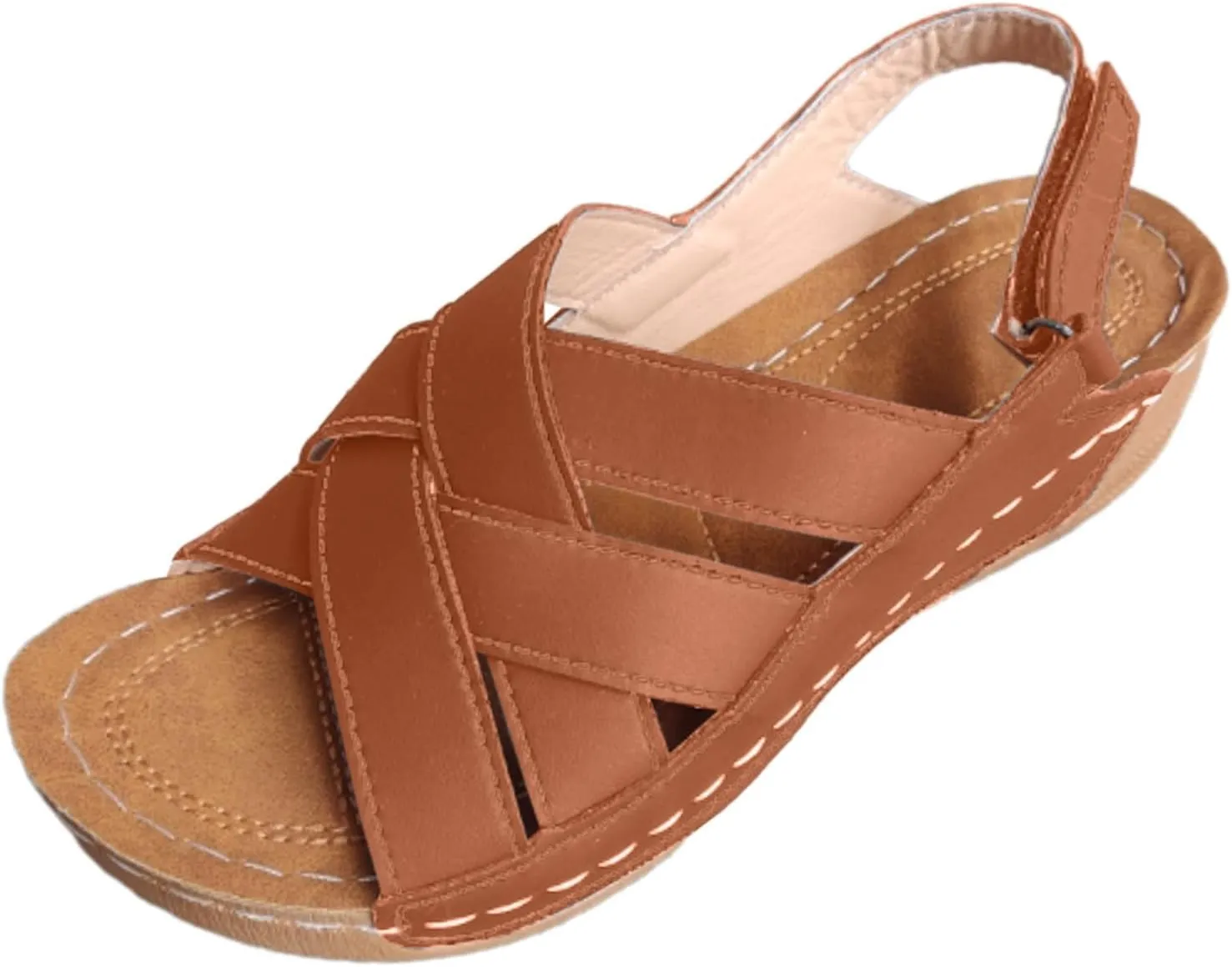 Womens Ankle Strap Sandals Walking Hiking Summer Beach Flats Shoes Comfort Open Toe Comfortable Dressy Arch Support Wedges Sandals Round Bottom Buckle Wide Width Beach Slippers Orthotic Shoes