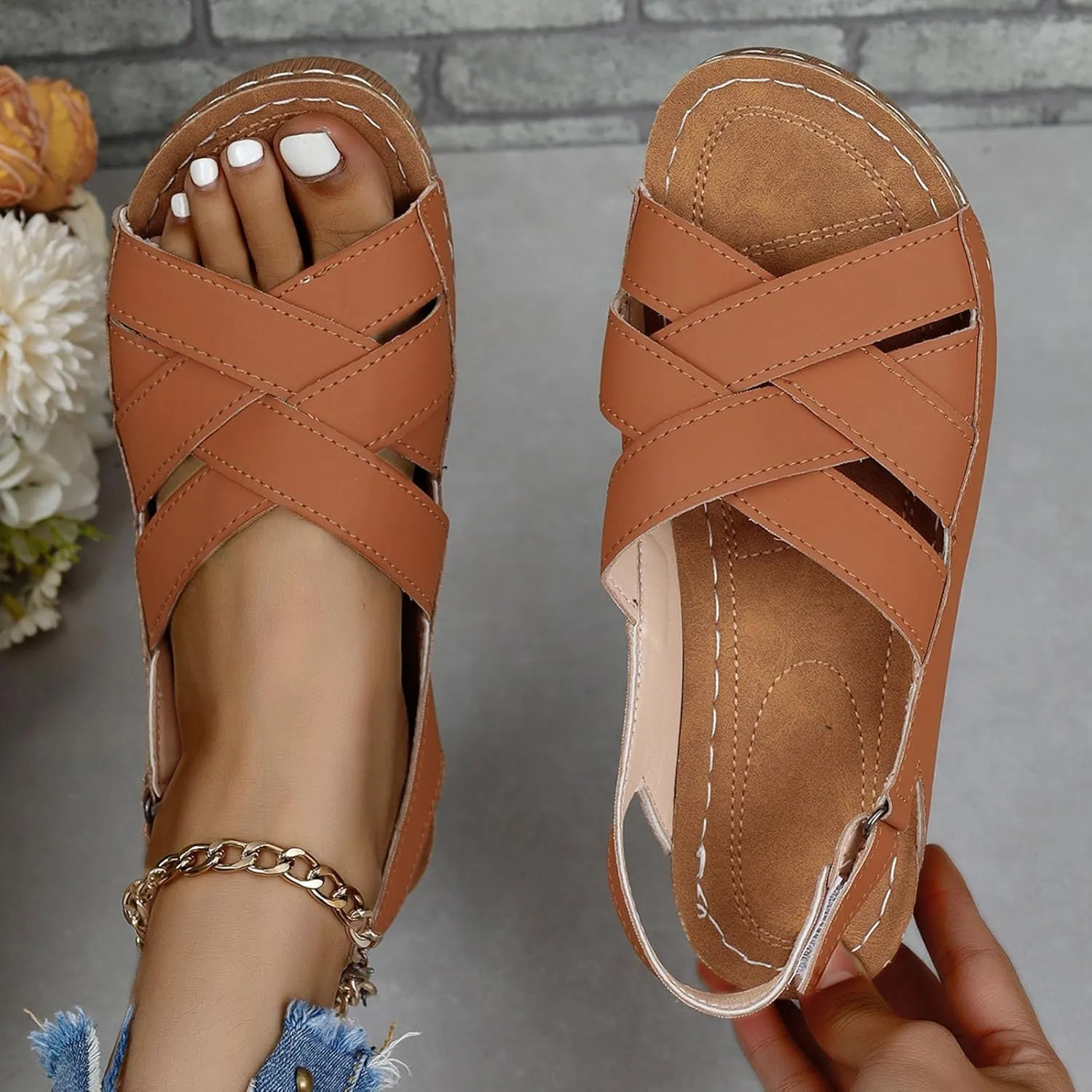 Womens Ankle Strap Sandals Walking Hiking Summer Beach Flats Shoes Comfort Open Toe Comfortable Dressy Arch Support Wedges Sandals Round Bottom Buckle Wide Width Beach Slippers Orthotic Shoes