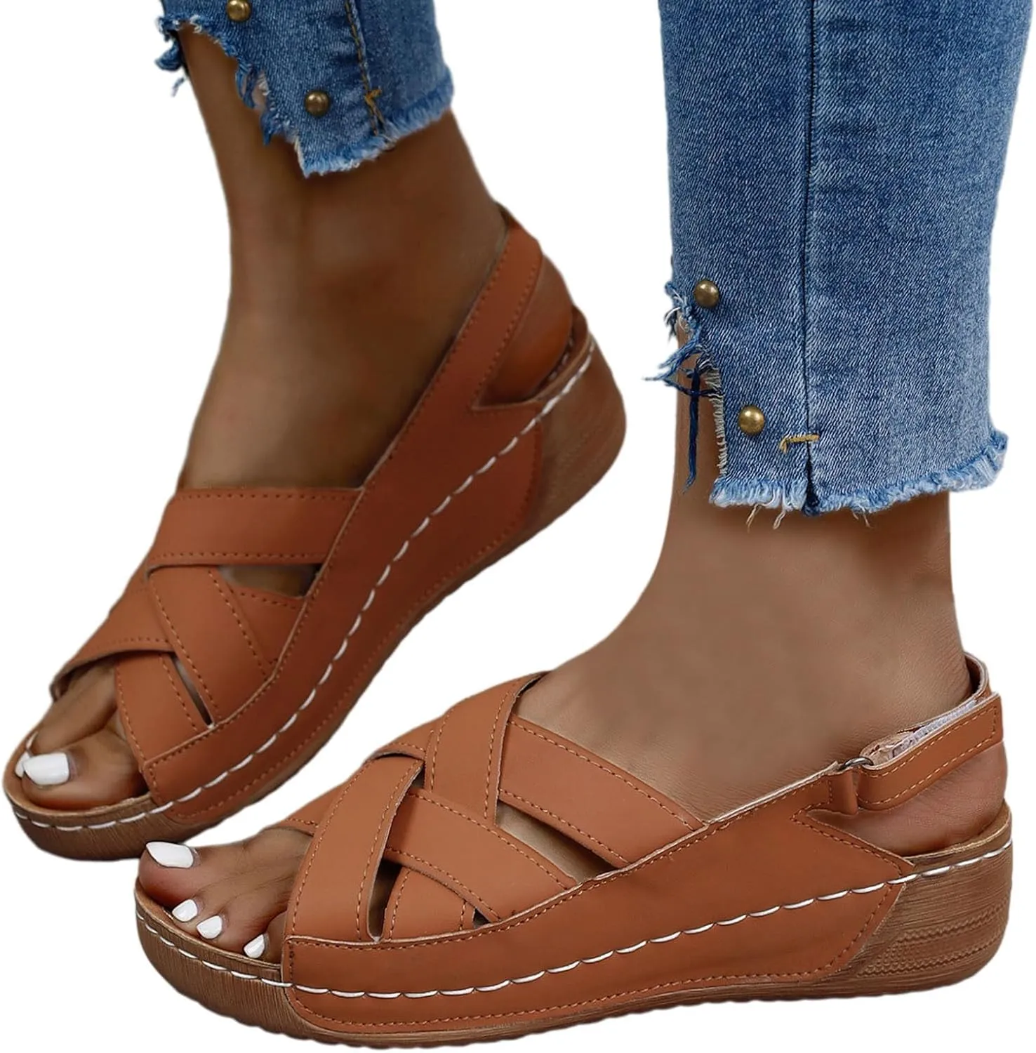 Womens Ankle Strap Sandals Walking Hiking Summer Beach Flats Shoes Comfort Open Toe Comfortable Dressy Arch Support Wedges Sandals Round Bottom Buckle Wide Width Beach Slippers Orthotic Shoes