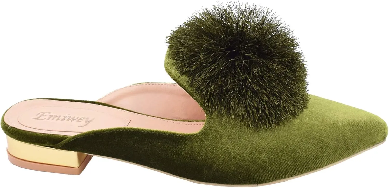 Women's Backless Comfort Slip On Loafers Flats Cute Pom Pom Mule Slippers Casual Shoes