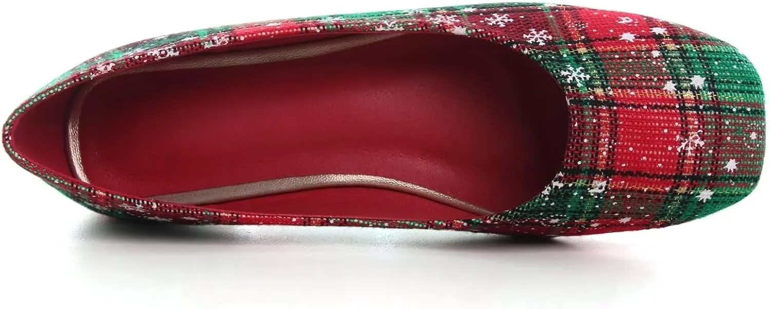 Women's Ballet Flats Plaid Christmas Red Dress Shoes for Women Party Dressy Casual Flats Comfortable Slip-on Sqaure Toe Walking Loafers