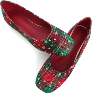 Women's Ballet Flats Plaid Christmas Red Dress Shoes for Women Party Dressy Casual Flats Comfortable Slip-on Sqaure Toe Walking Loafers