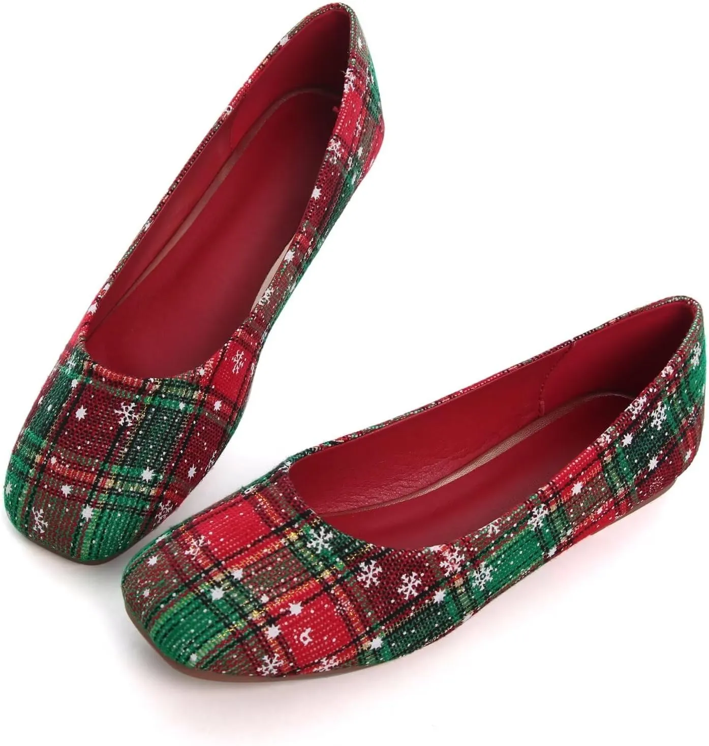 Women's Ballet Flats Plaid Christmas Red Dress Shoes for Women Party Dressy Casual Flats Comfortable Slip-on Sqaure Toe Walking Loafers