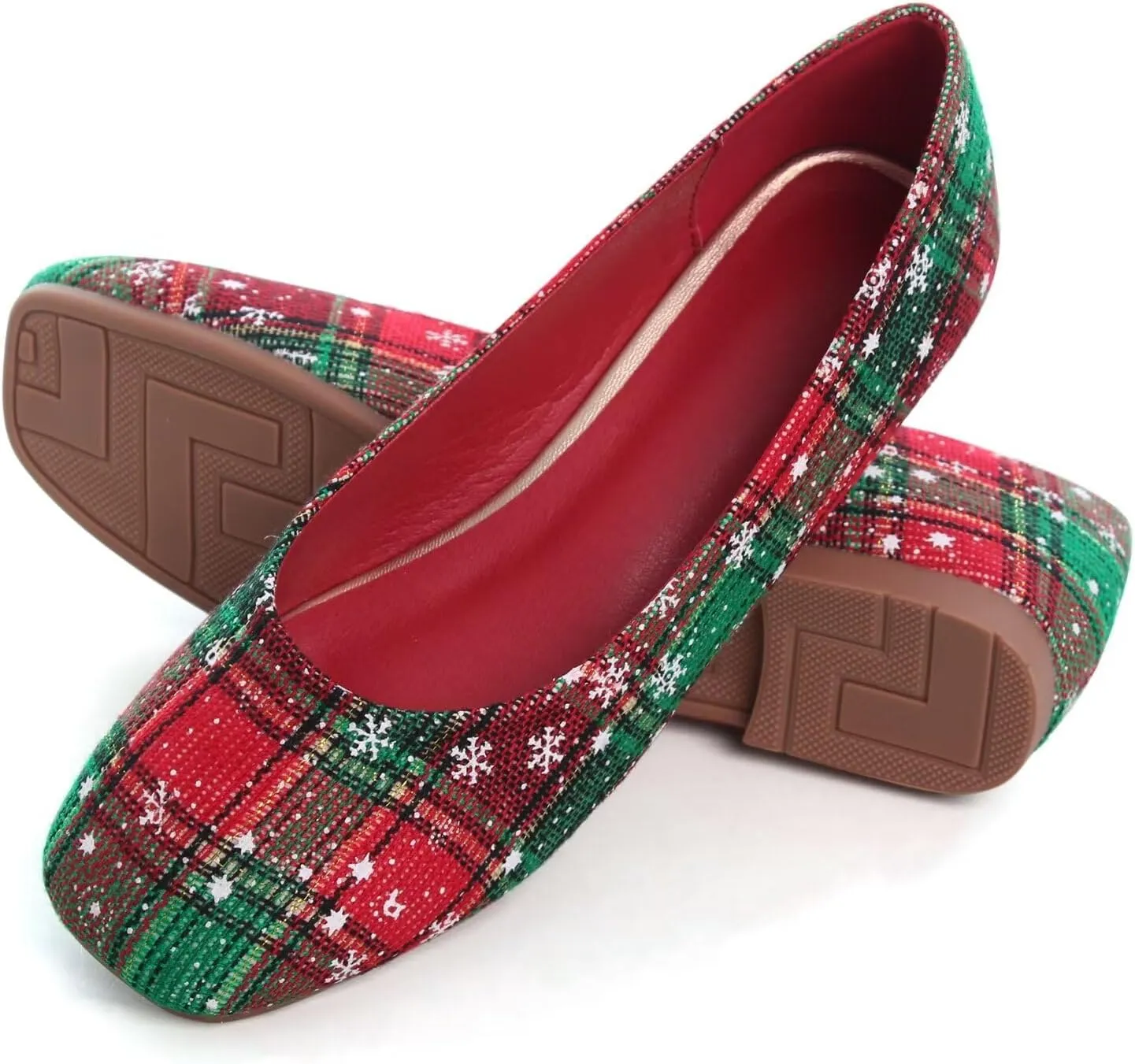 Women's Ballet Flats Plaid Christmas Red Dress Shoes for Women Party Dressy Casual Flats Comfortable Slip-on Sqaure Toe Walking Loafers