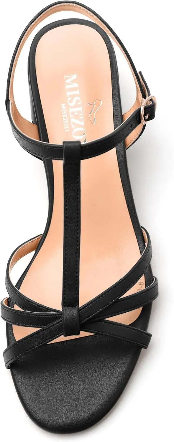 Womens Block Heel Sandals, Open Toe Low Chunky Heel T-strap Sandals for Women, Ankle Strap Sandals with Buckle, Comfort Strappy Sandals 2"
