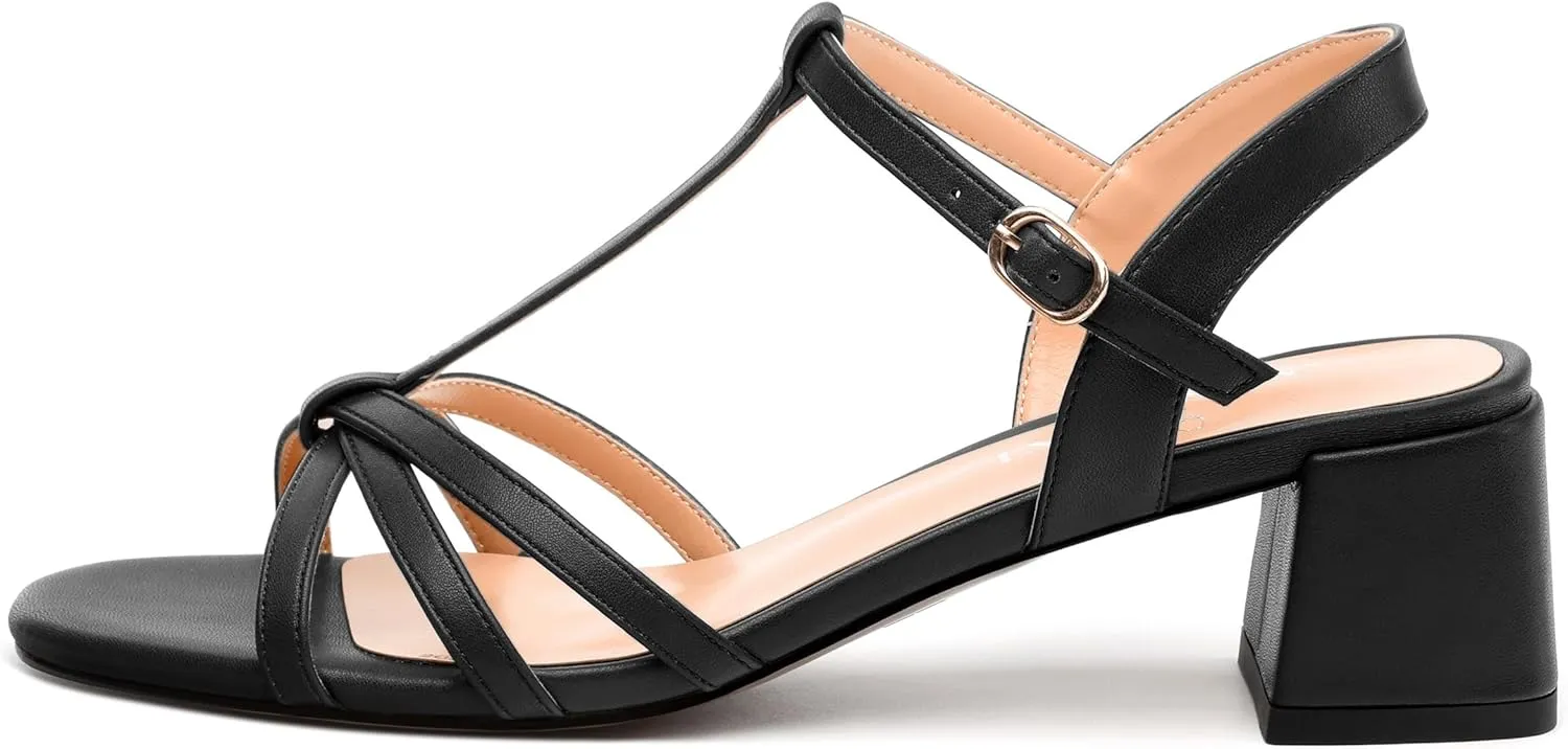 Womens Block Heel Sandals, Open Toe Low Chunky Heel T-strap Sandals for Women, Ankle Strap Sandals with Buckle, Comfort Strappy Sandals 2"