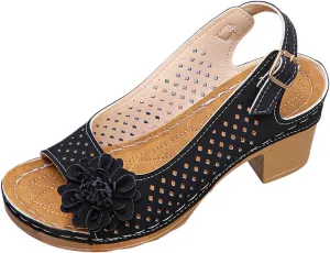 Womens Block Heel Sandals Summer Open Toe Ankle Buckle Strap Chunky Non Slip Dress Shoes Casual Solid Color Hollow Out Floral Decor Sandals Lightweight Platform Wedge Fashion Footwear