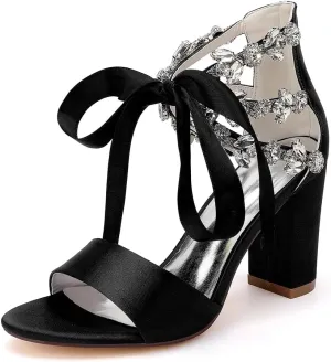 Women's Block Heel Wedding Sandals Rhinestones Open Toe Chunky Ribbon Bridal Shoes Prom Eveing Party Shoes