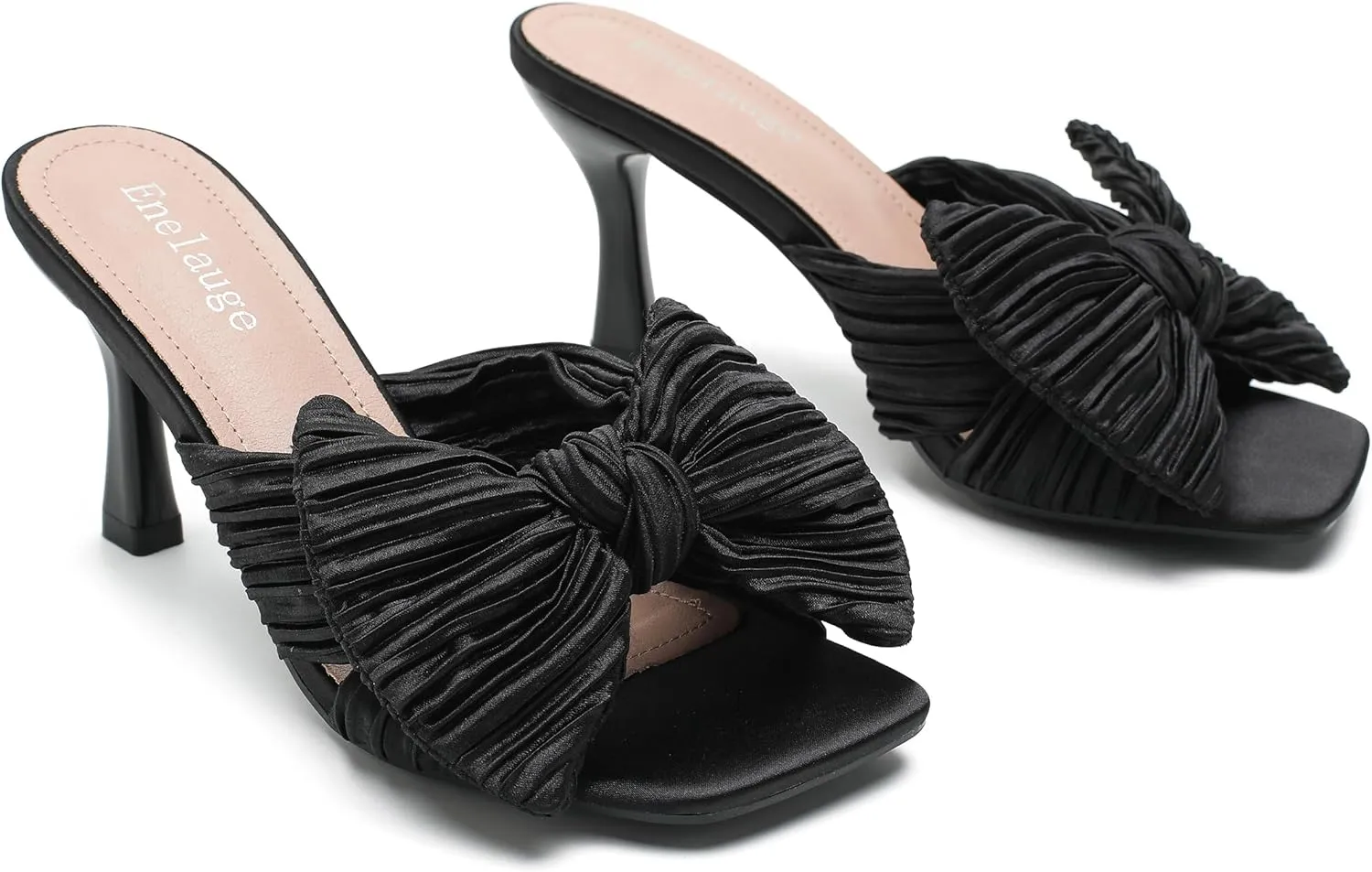 Women's Bow Knot Heeled Sandals Open Toe Low Kitten Heels Mules Sandals Slip On Pleated Wedding Bridal Party Dress Shoes