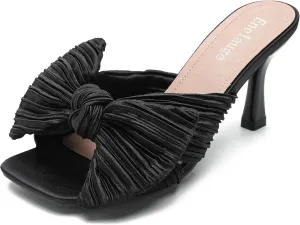 Women's Bow Knot Heeled Sandals Open Toe Low Kitten Heels Mules Sandals Slip On Pleated Wedding Bridal Party Dress Shoes