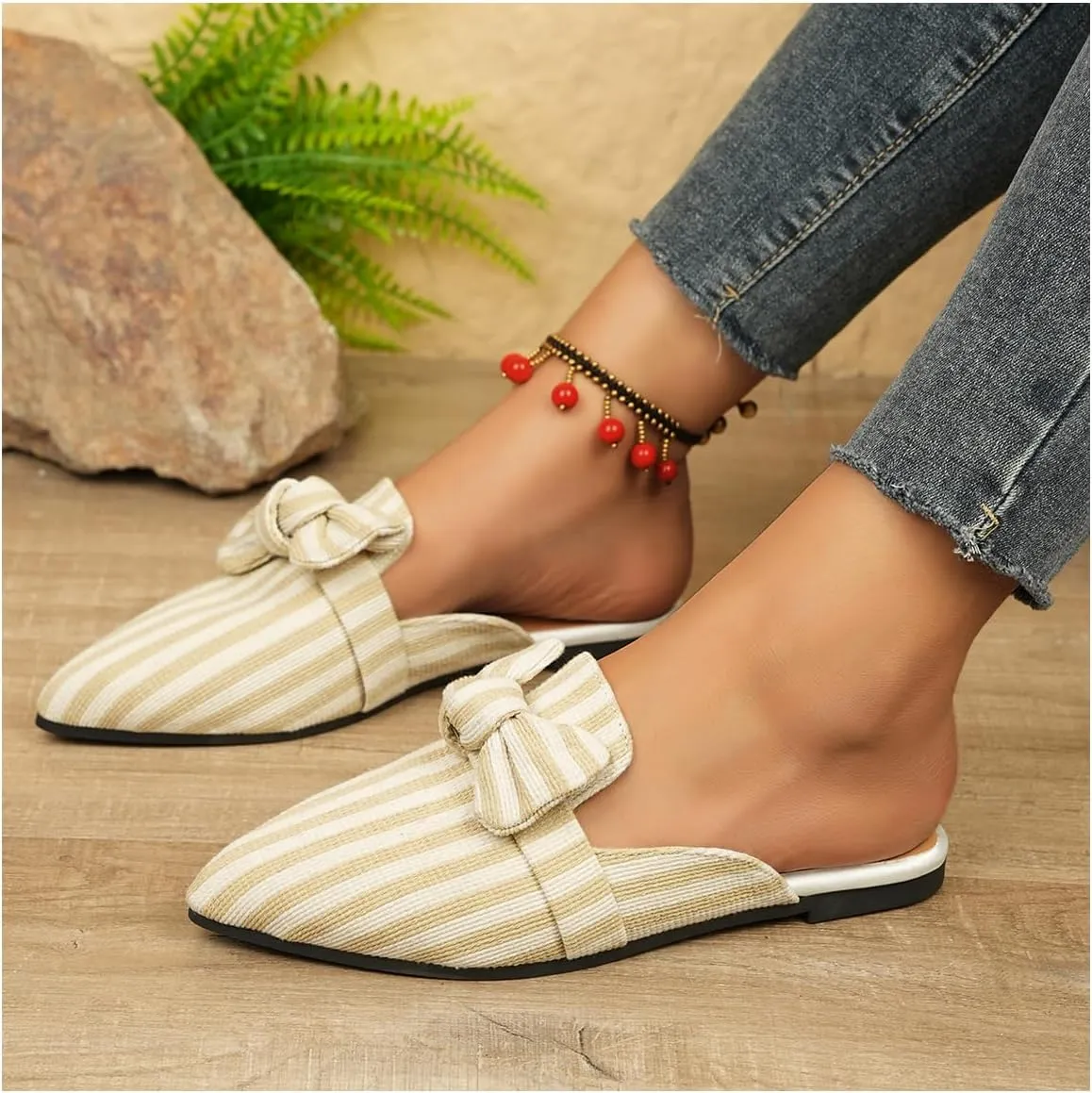 Women's Bow Mules Dressy Pointed Toe Flat Shoes Backless Loafers Slide Sandals Casual Slides Work Shoes