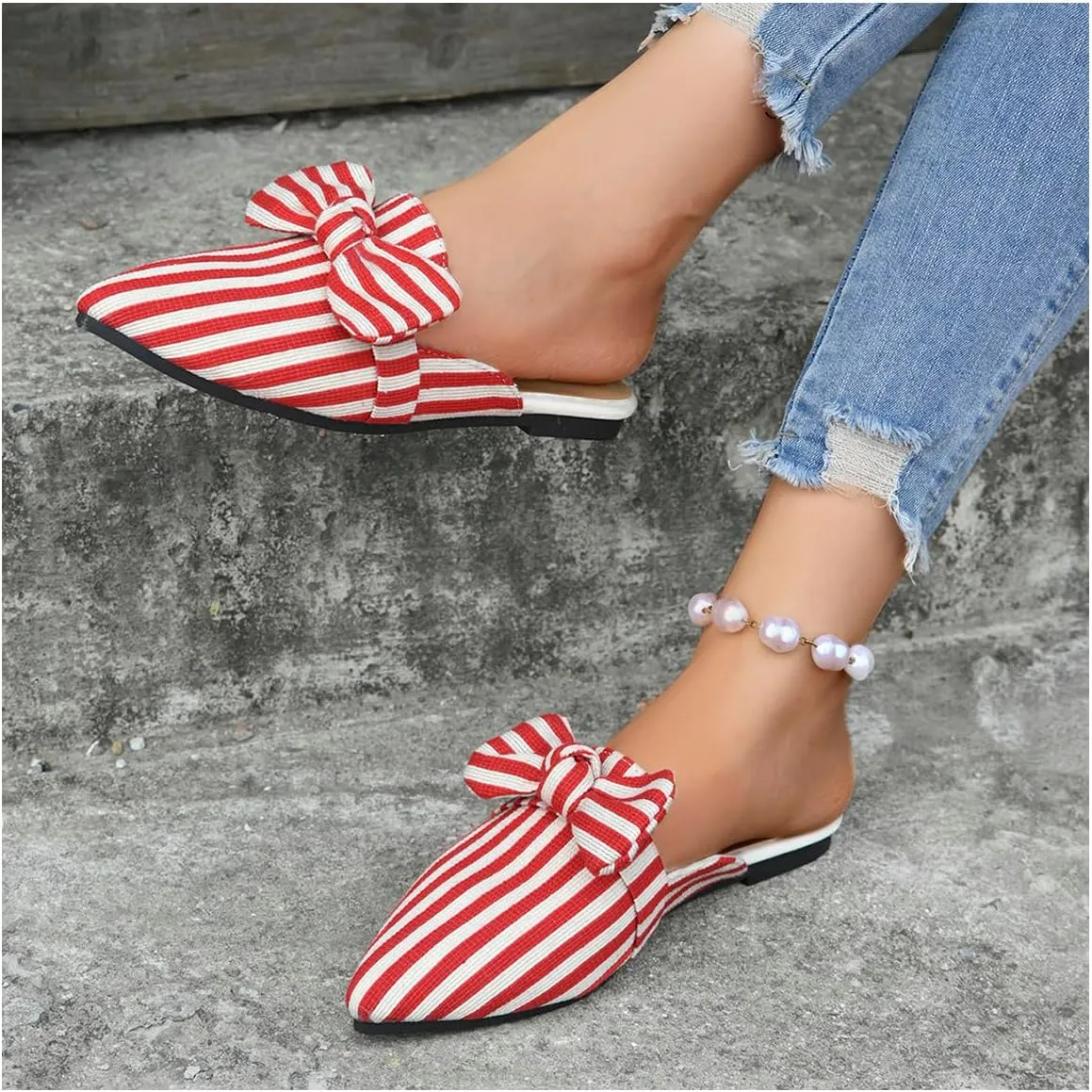 Women's Bow Mules Dressy Pointed Toe Flat Shoes Backless Loafers Slide Sandals Casual Slides Work Shoes