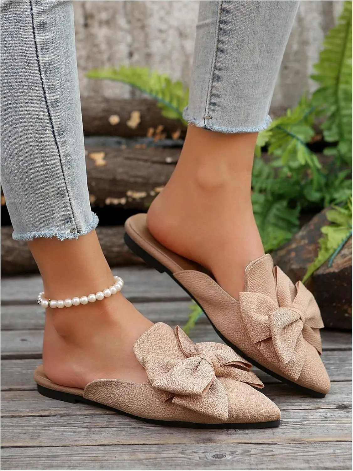 Women's Bow Mules Dressy Pointed Toe Flat Shoes Backless Loafers Slide Sandals Casual Slides Work Shoes