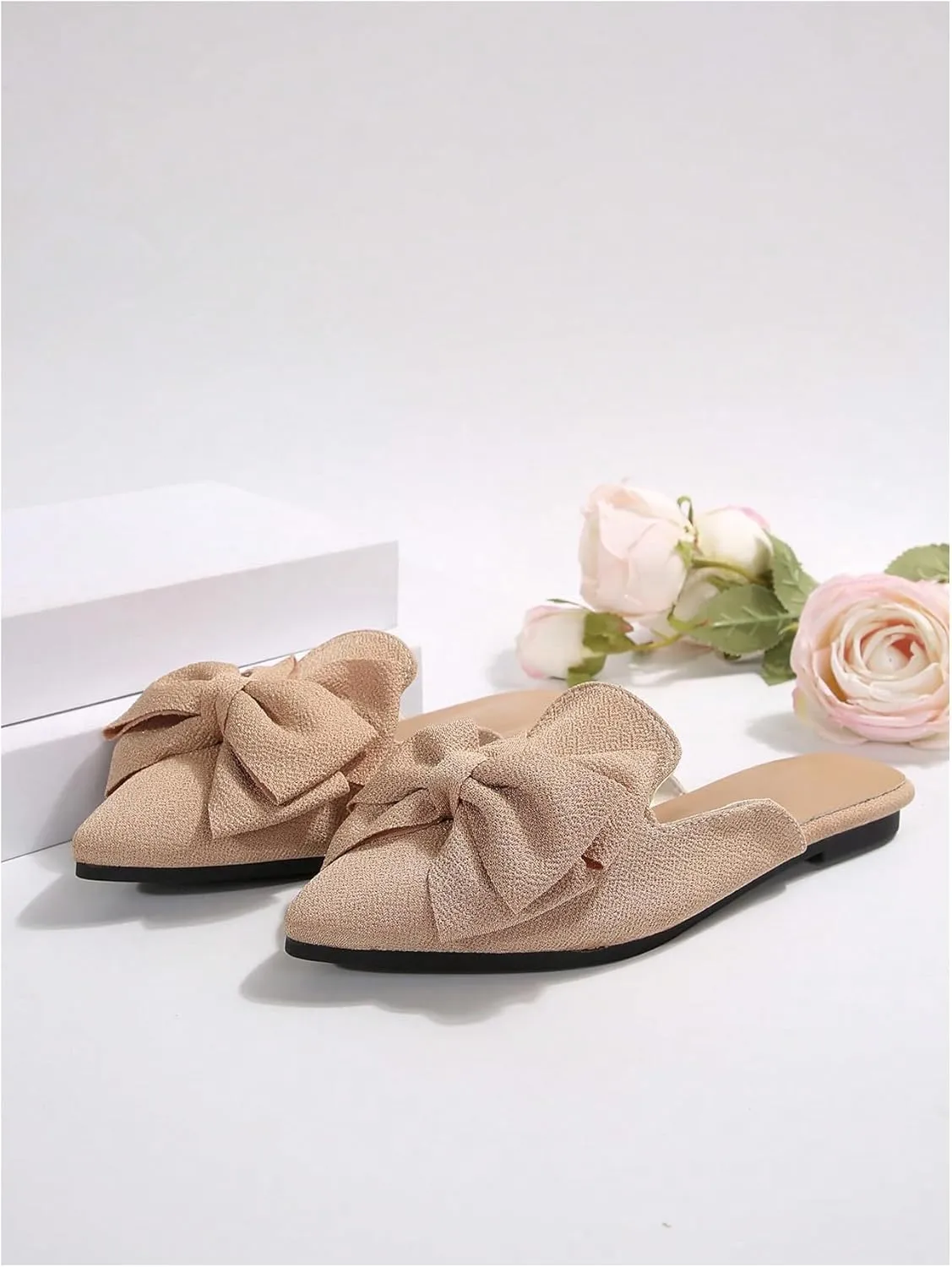 Women's Bow Mules Dressy Pointed Toe Flat Shoes Backless Loafers Slide Sandals Casual Slides Work Shoes