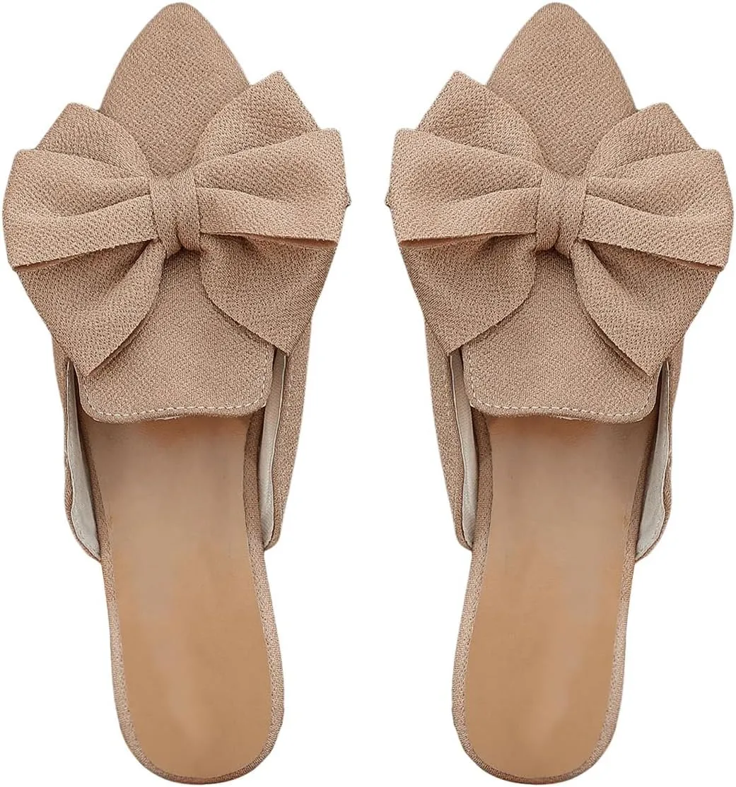 Women's Bow Mules Dressy Pointed Toe Flat Shoes Backless Loafers Slide Sandals Casual Slides Work Shoes