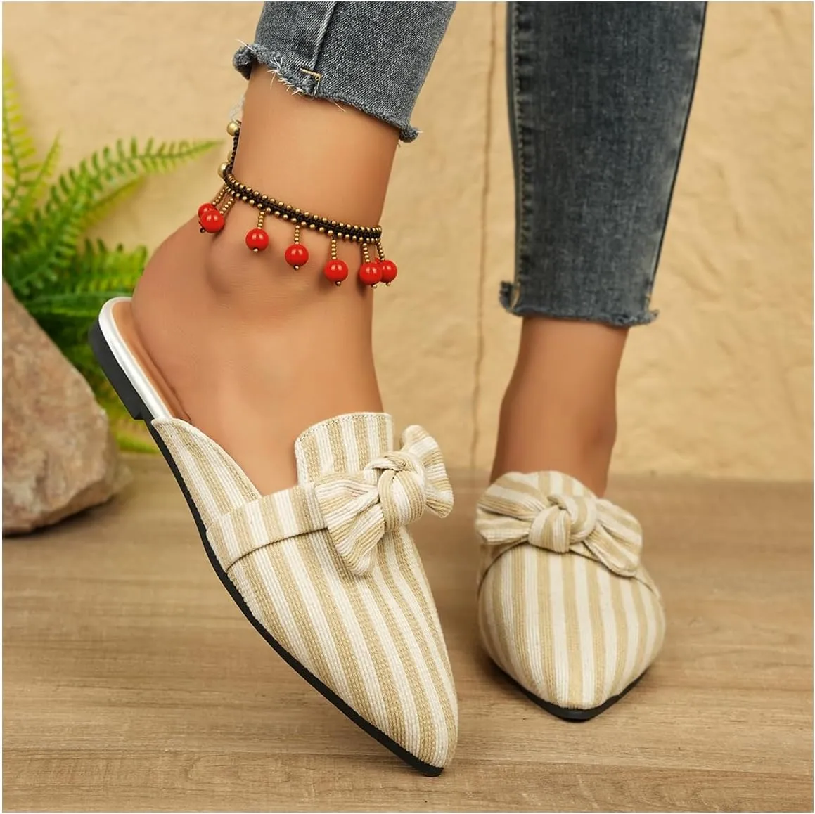 Women's Bow Mules Dressy Pointed Toe Flat Shoes Backless Loafers Slide Sandals Casual Slides Work Shoes