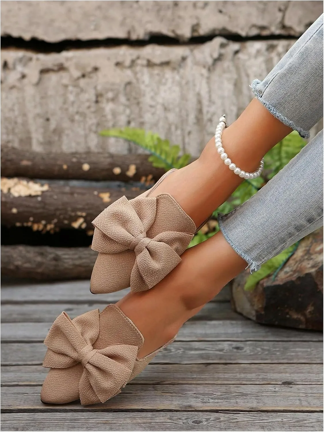 Women's Bow Mules Dressy Pointed Toe Flat Shoes Backless Loafers Slide Sandals Casual Slides Work Shoes
