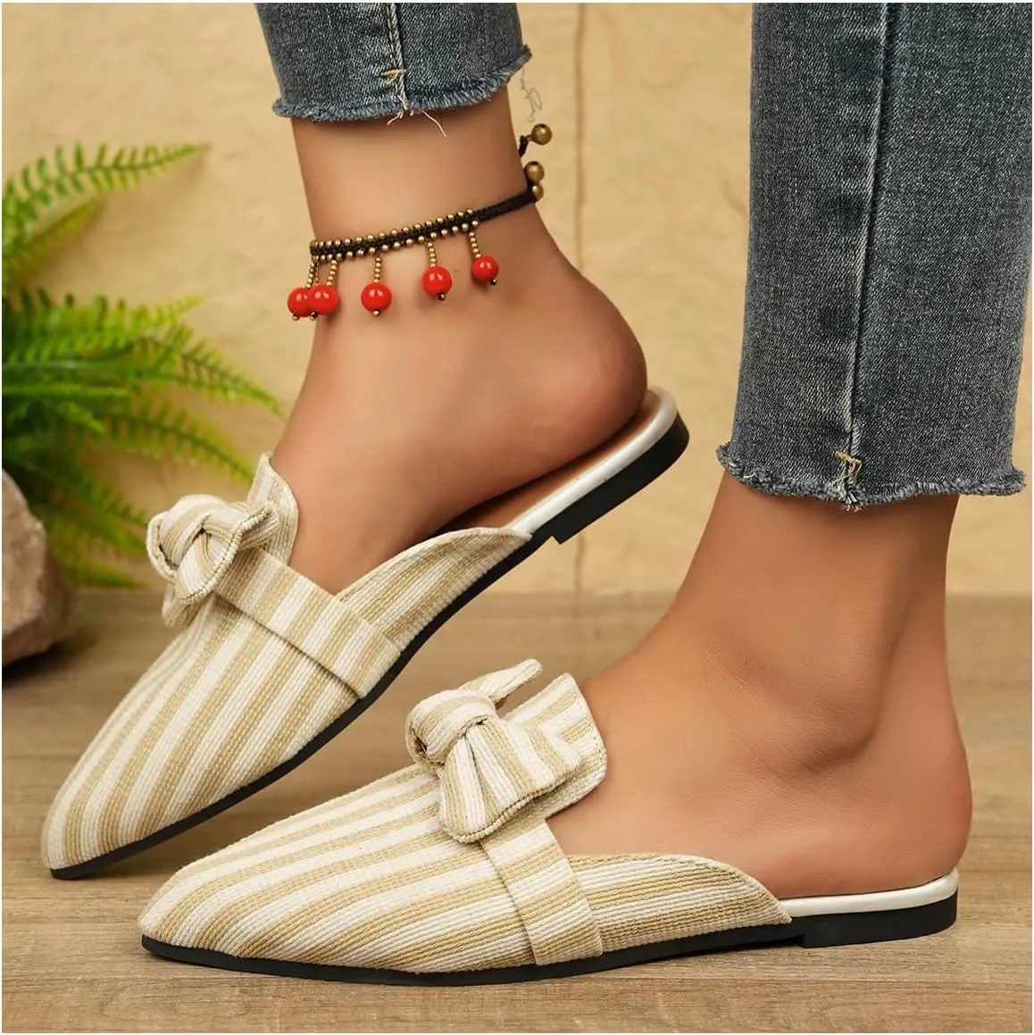 Women's Bow Mules Dressy Pointed Toe Flat Shoes Backless Loafers Slide Sandals Casual Slides Work Shoes