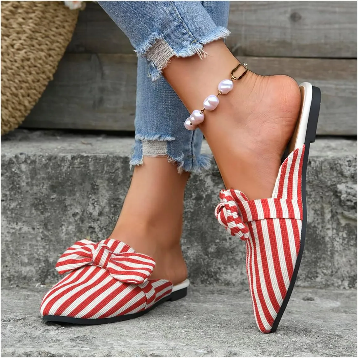 Women's Bow Mules Dressy Pointed Toe Flat Shoes Backless Loafers Slide Sandals Casual Slides Work Shoes