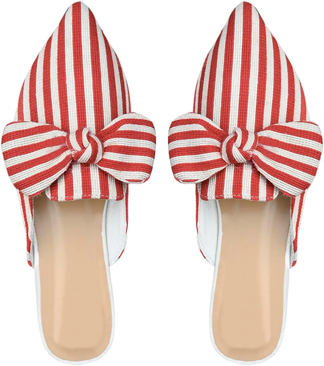 Women's Bow Mules Dressy Pointed Toe Flat Shoes Backless Loafers Slide Sandals Casual Slides Work Shoes