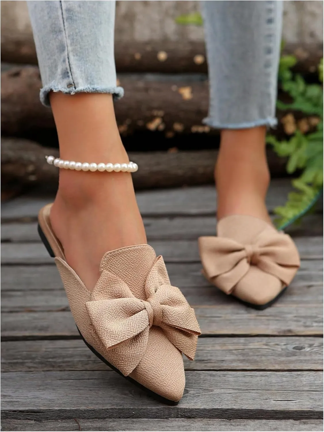 Women's Bow Mules Dressy Pointed Toe Flat Shoes Backless Loafers Slide Sandals Casual Slides Work Shoes