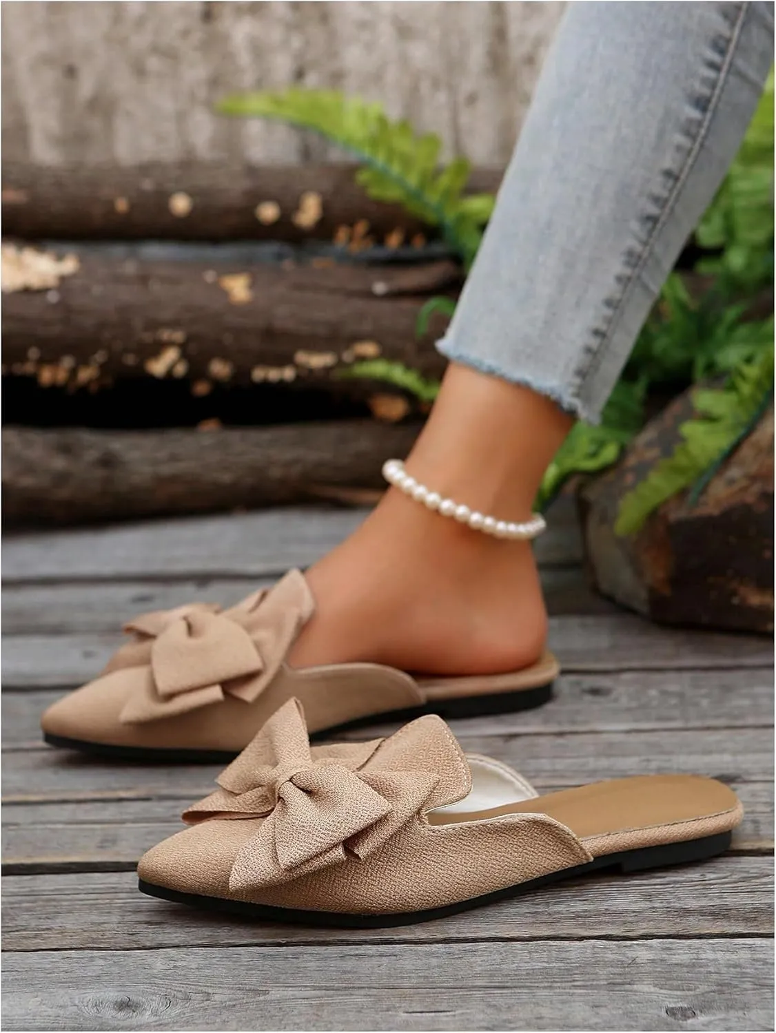 Women's Bow Mules Dressy Pointed Toe Flat Shoes Backless Loafers Slide Sandals Casual Slides Work Shoes