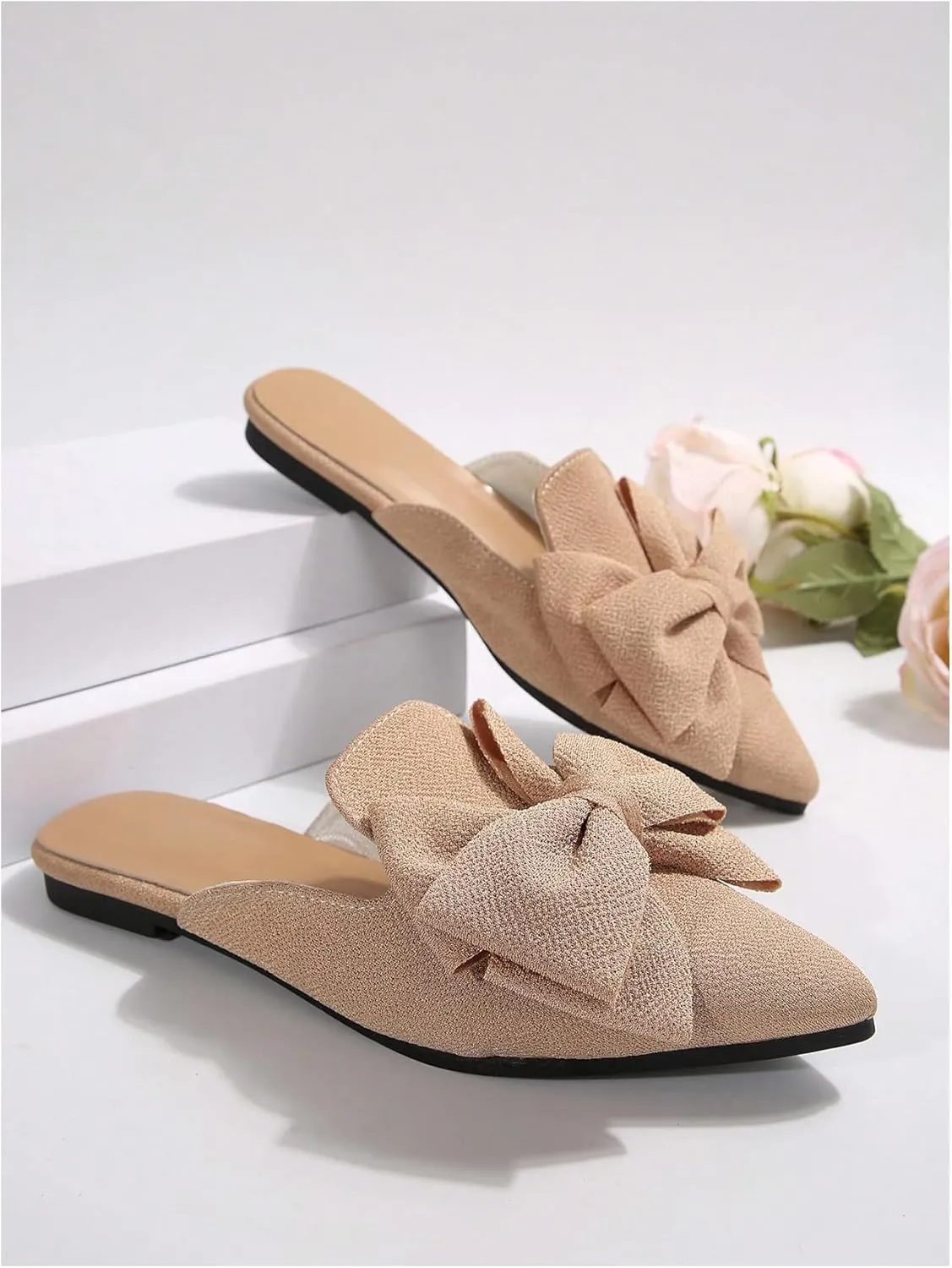 Women's Bow Mules Dressy Pointed Toe Flat Shoes Backless Loafers Slide Sandals Casual Slides Work Shoes