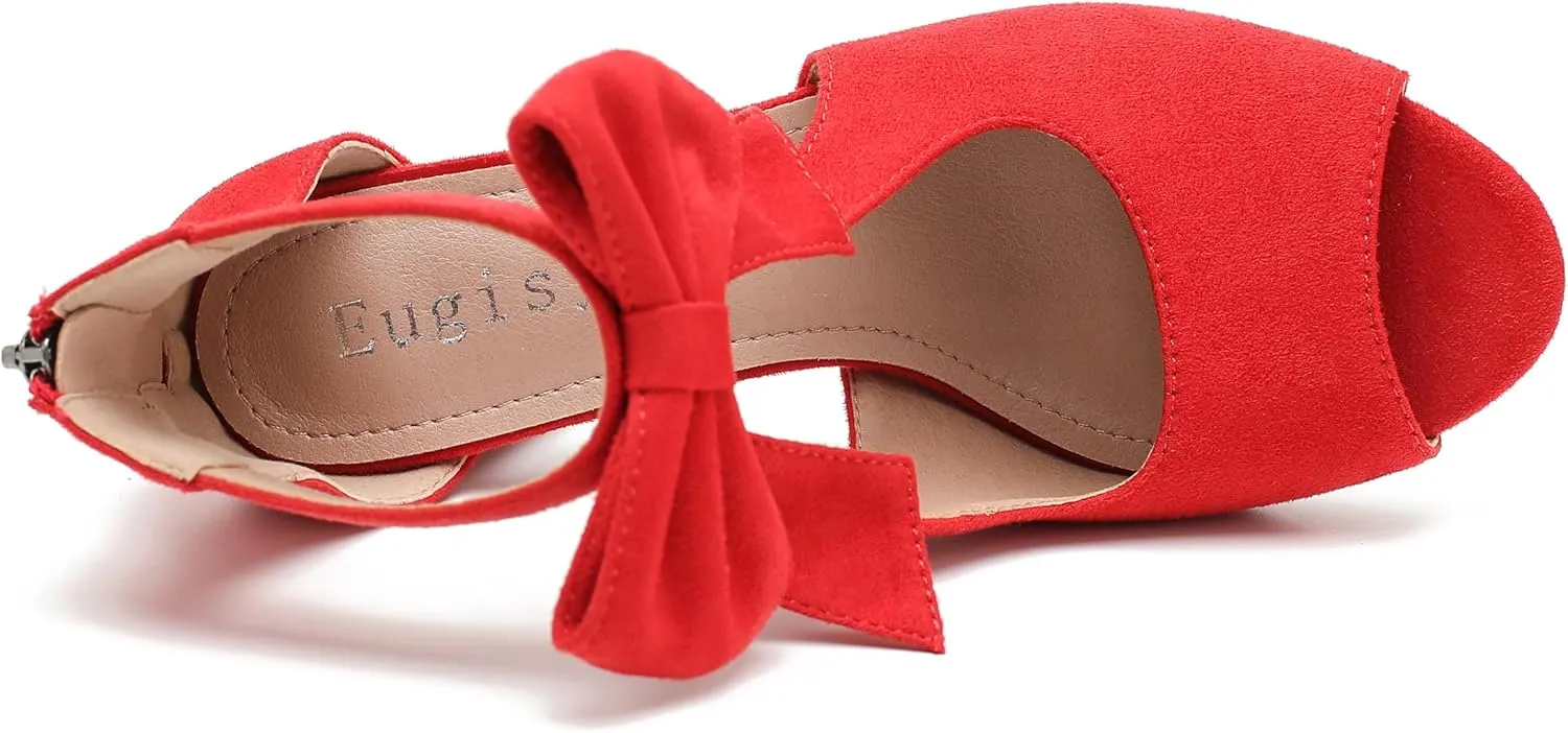 Women's Bows Strappy Sandals Open Toe Chunky High Heels Sandals Ankle Strap Dressy Pumps Back Zip Cutout Heeled Summer Party Sandals